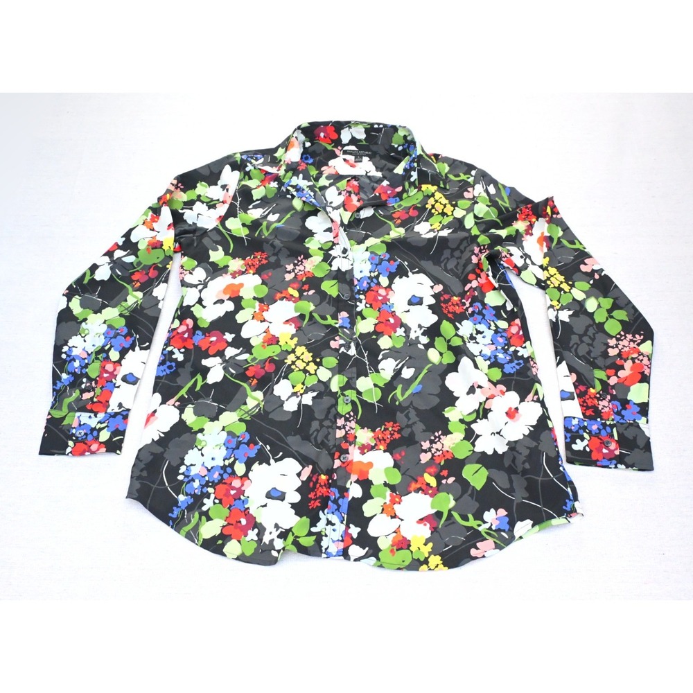 Banana Republic Dillon Womens L Floral Button Up Blouse Black Multi Long Sleeve